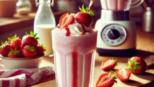 A delicious homemade strawberry milkshake in a tall glass with a red-and-white striped straw, topped with fresh strawberry slices and a drizzle of syrup. The milkshake is placed on a wooden kitchen counter with a rustic touch. Sunlight filters through a nearby window, casting a warm glow on the scene. A blender, a bowl of strawberries, and a small milk jug are in the background, highlighting the fresh ingredients used.