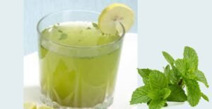 A cooling Indian summer drinks made with fresh mint and lemon, served in a glass with ice cubes and garnished with a lemon slice and mint leaves