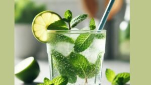 A beautifully garnished best virgin mojito with fresh mint leaves, a lime slice, and a straw, ready to serve