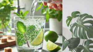 Chilled soda water being poured into a glass with muddled mint and lime, creating a fizzy mojito mocktail