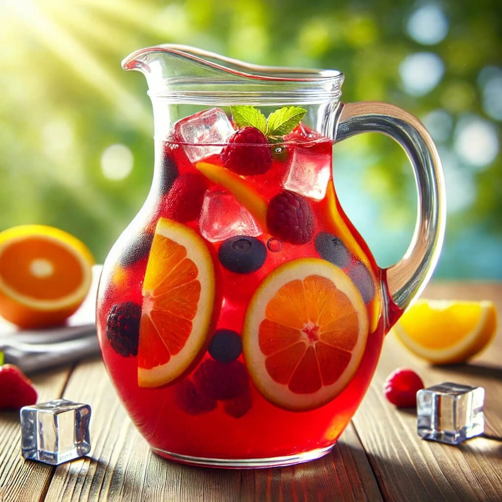 refreshing homemade fruit punch in a glass jar mix with variety types of fresh cutting fruits ,fruit juices and no alcohol mix in it