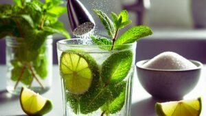 Muddling mint leaves, lime wedges, and sugar in a glass for a refreshing virgin mojito recipe