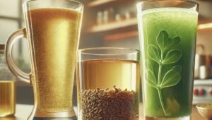 Three natural detox drinks—Turmeric Detox Tea, Jeera (Cumin) Water, and Moringa Detox Juice—arranged on a kitchen countertop. The Turmeric Detox Tea is in a transparent glass cup, glowing with a rich golden-yellow color and a hint of steam. The Jeera (Cumin) Water is in a glass, showcasing a warm amber tone with cumin seeds settled at the bottom. The Moringa Detox Juice is in another glass, displaying a vibrant green color with a smooth texture. The softly blurred kitchen background features wooden countertops, stainless steel appliances, and natural light from a window.