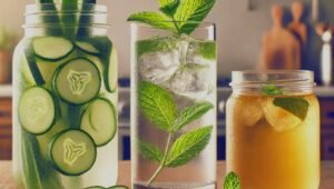 Three healthy drinks—Cucumber and Mint Infused Water, Aloe Vera Juice, and Apple Cider Vinegar Drink—arranged on a kitchen countertop. The Cucumber and Mint Infused Water is in a glass jar with fresh cucumber slices and mint leaves. The Aloe Vera Juice is in a transparent glass, revealing a slightly thick texture with small aloe vera pieces. The Apple Cider Vinegar Drink is in another glass, displaying a golden, slightly cloudy appearance. The softly blurred kitchen background features wooden countertops, stainless steel appliances, and natural light from a window.