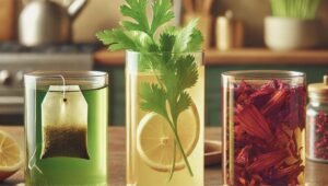 3 natural detox drinks—Green Tea Detox, Coriander and Lemon Juice, and Hibiscus Detox Tea—arranged on a kitchen countertop. The Green Tea Detox is in a transparent glass cup, displaying a warm golden-green hue with a tea bag partially submerged. The Coriander and Lemon Juice is in another glass, featuring a light greenish-yellow color with fresh coriander leaves floating on top. The Hibiscus Detox Tea is in a glass cup, showcasing a deep ruby-red color with dried hibiscus petals scattered nearby. The softly blurred kitchen background includes wooden countertops, stainless steel appliances, and natural light from a window.
