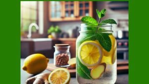Lemon and Ginger Detox Water in a glass jar, placed on a kitchen countertop. The drink contains fresh lemon slices, ginger pieces, and mint leaves, with condensation on the jar for a refreshing look. The softly blurred kitchen background features wooden countertops, stainless steel appliances, and natural light from a window.